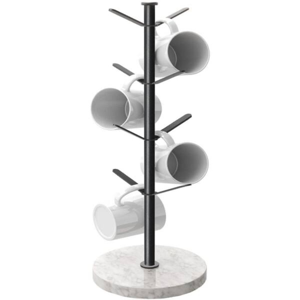 Modern Matte Black Mug Tree Stand w/ Marble Base – 8 Hook 18” Tall